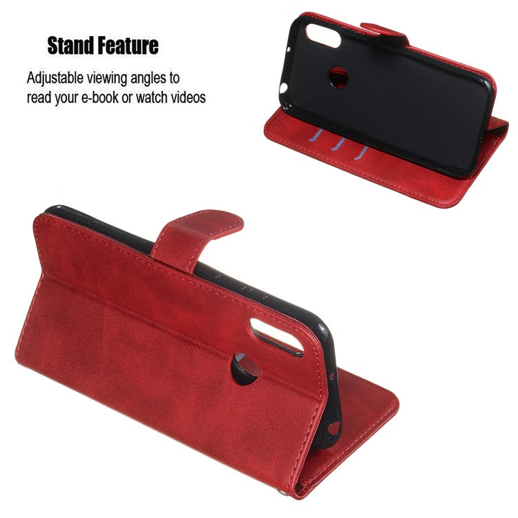 Zipper Pocket Leather Wallet Stand Phone Case for Huawei Y6 (2019, with Fingerprint Sensor)/Y6 Prime (2019)/Honor 8A - Red