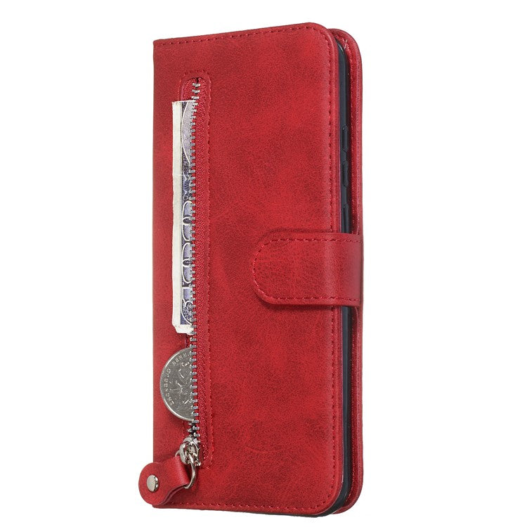 Zipper Pocket Leather Wallet Stand Phone Case for Huawei Y6 (2019, with Fingerprint Sensor)/Y6 Prime (2019)/Honor 8A - Red