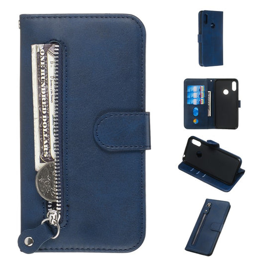 Zipper Pocket Leather Wallet Stand Phone Case for Huawei Y6 (2019, with Fingerprint Sensor)/Y6 Prime (2019)/Honor 8A - Blue
