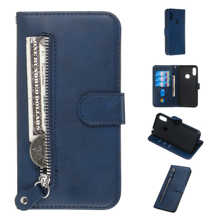 Zipper Pocket Leather Wallet Stand Phone Case for Huawei Y6 (2019, with Fingerprint Sensor)/Y6 Prime (2019)/Honor 8A - Blue
