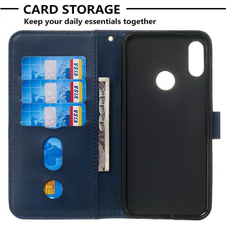 Zipper Pocket Leather Wallet Stand Phone Case for Huawei Y6 (2019, with Fingerprint Sensor)/Y6 Prime (2019)/Honor 8A - Blue