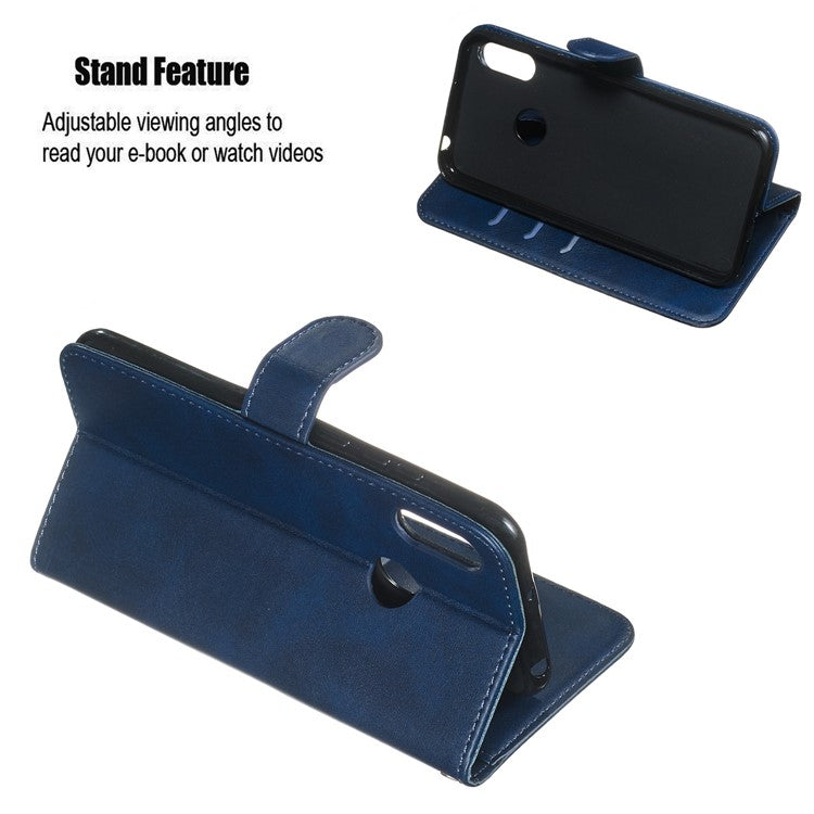 Zipper Pocket Leather Wallet Stand Phone Case for Huawei Y6 (2019, with Fingerprint Sensor)/Y6 Prime (2019)/Honor 8A - Blue