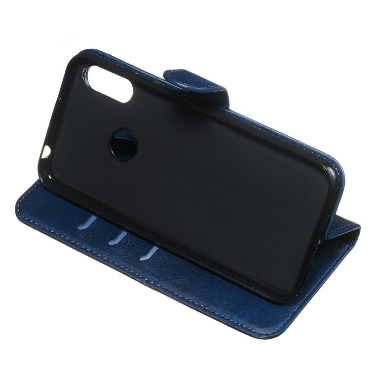 Zipper Pocket Leather Wallet Stand Phone Case for Huawei Y6 (2019, with Fingerprint Sensor)/Y6 Prime (2019)/Honor 8A - Blue