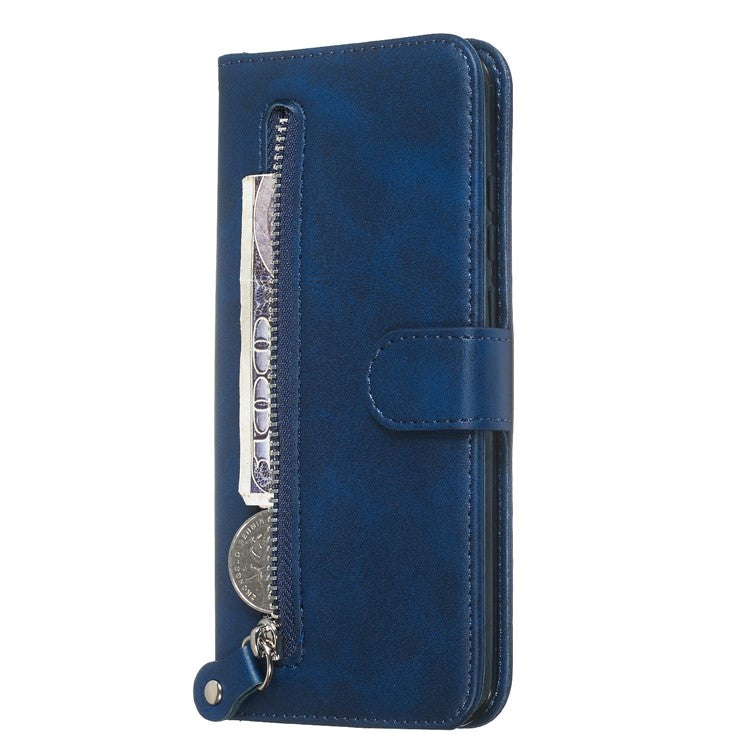 Zipper Pocket Leather Wallet Stand Phone Case for Huawei Y6 (2019, with Fingerprint Sensor)/Y6 Prime (2019)/Honor 8A - Blue