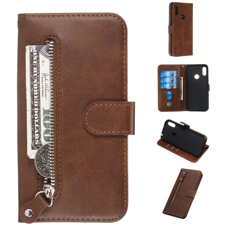 Zipper Pocket Leather Wallet Stand Phone Case for Huawei Y6 (2019, with Fingerprint Sensor)/Y6 Prime (2019)/Honor 8A - Brown