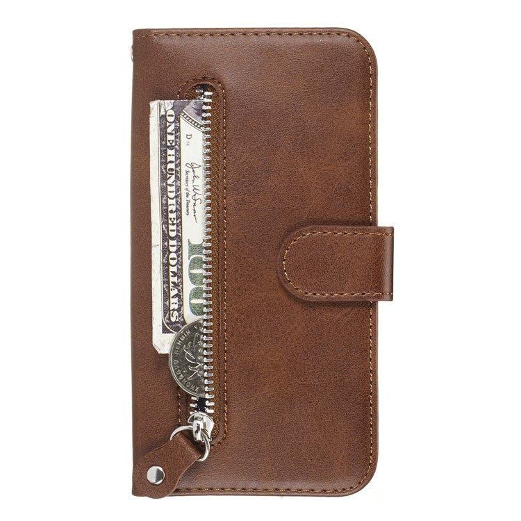 Zipper Pocket Leather Wallet Stand Phone Case for Huawei Y6 (2019, with Fingerprint Sensor)/Y6 Prime (2019)/Honor 8A - Brown