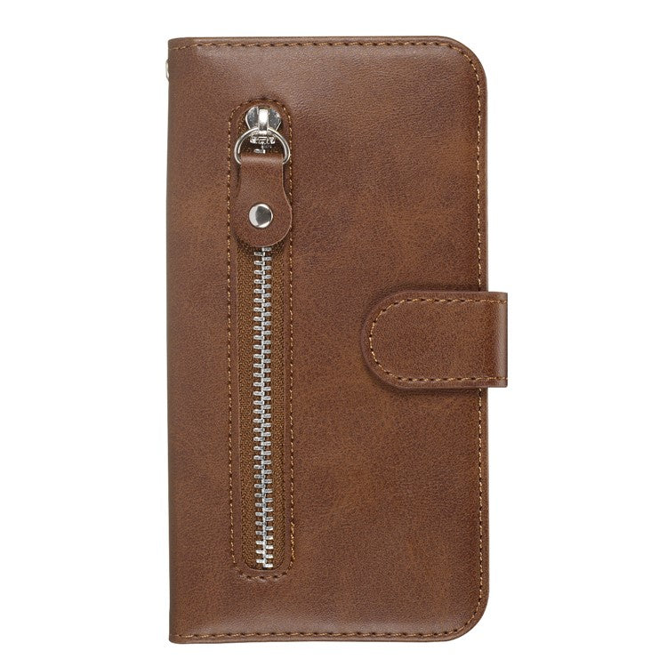 Zipper Pocket Leather Wallet Stand Phone Case for Huawei Y6 (2019, with Fingerprint Sensor)/Y6 Prime (2019)/Honor 8A - Brown