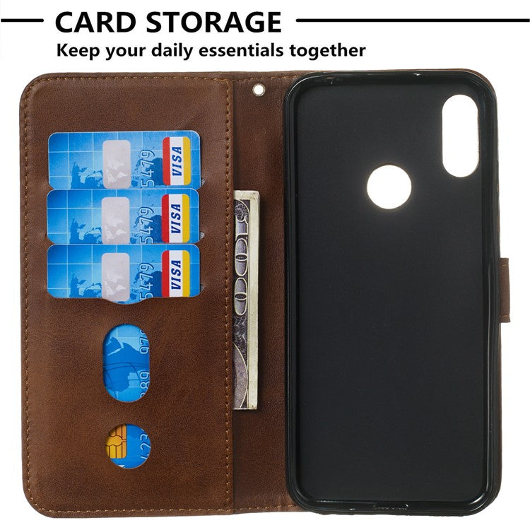 Zipper Pocket Leather Wallet Stand Phone Case for Huawei Y6 (2019, with Fingerprint Sensor)/Y6 Prime (2019)/Honor 8A - Brown