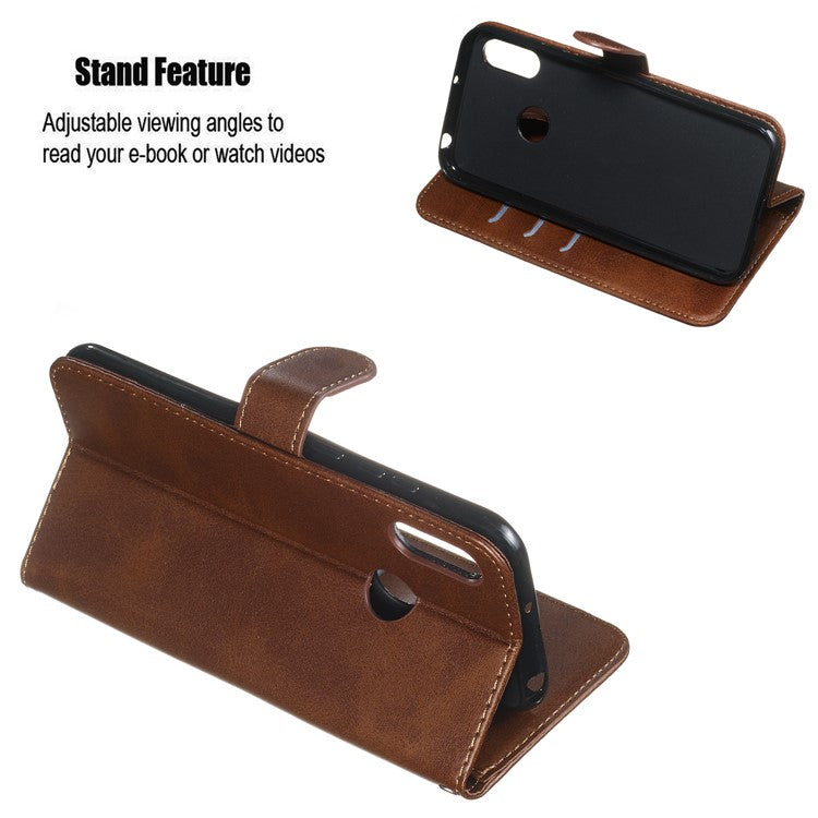 Zipper Pocket Leather Wallet Stand Phone Case for Huawei Y6 (2019, with Fingerprint Sensor)/Y6 Prime (2019)/Honor 8A - Brown