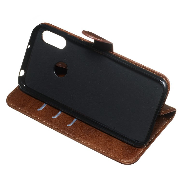 Zipper Pocket Leather Wallet Stand Phone Case for Huawei Y6 (2019, with Fingerprint Sensor)/Y6 Prime (2019)/Honor 8A - Brown
