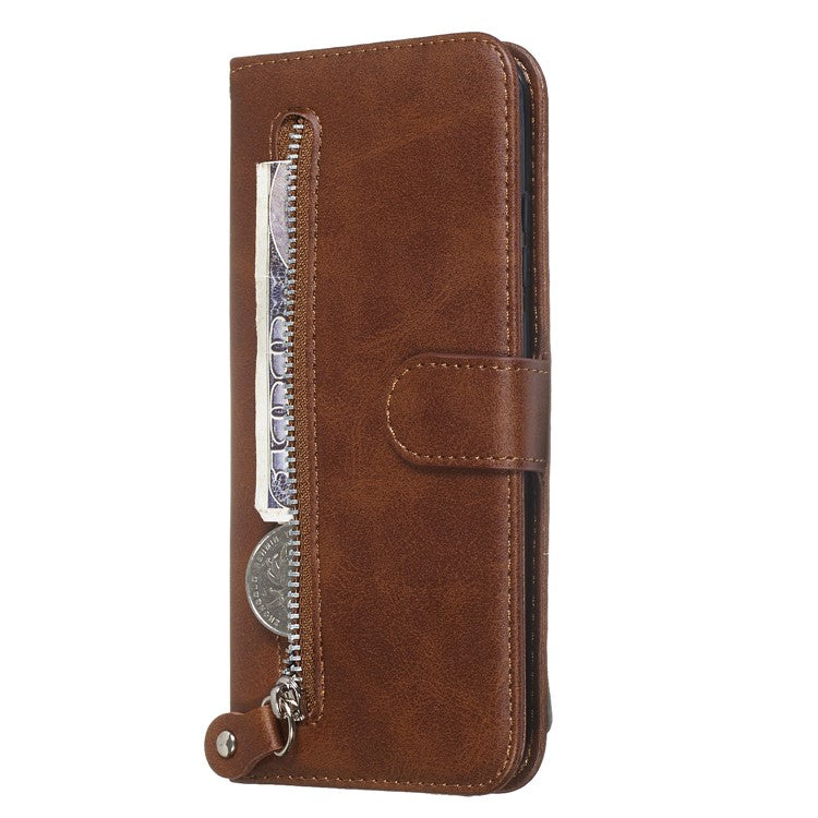 Zipper Pocket Leather Wallet Stand Phone Case for Huawei Y6 (2019, with Fingerprint Sensor)/Y6 Prime (2019)/Honor 8A - Brown