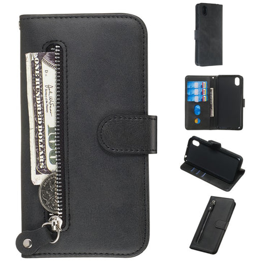 Zipper Wallet Leather Stand Phone Casing for Huawei Y5 (2019) / Honor 8S - Black