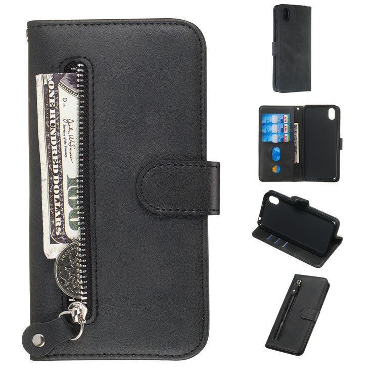 Zipper Wallet Leather Stand Phone Casing for Huawei Y5 (2019) / Honor 8S - Black