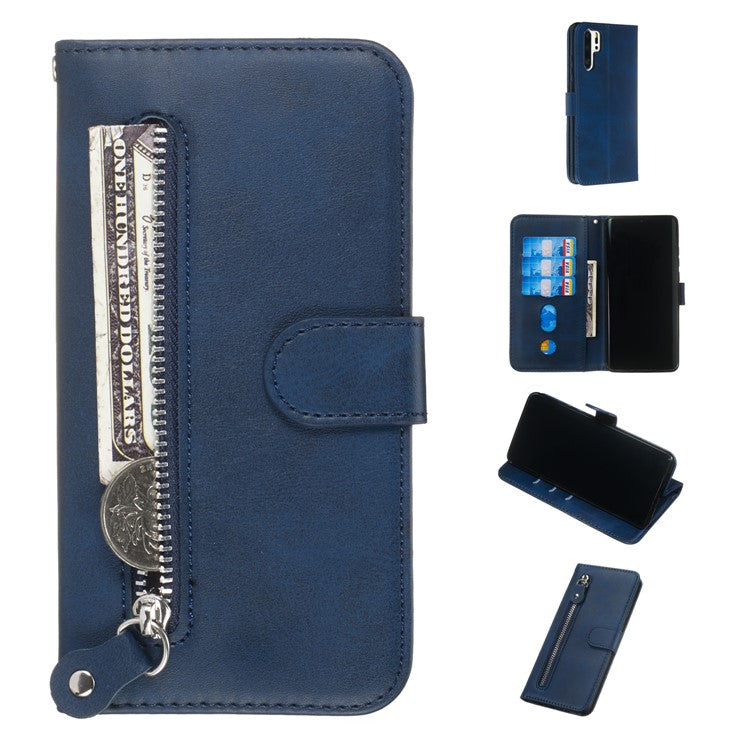 Zipper Pocket Wallet Stand PU Leather Case for Huawei P30 Pro - Blue