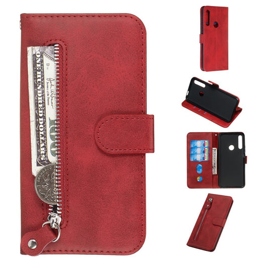 Zipper Pocket Flip Leather Wallet Case for Huawei Honor 9X (Global)/ P Smart Z/Y9 Prime/ Enjoy 10 Plus - Red