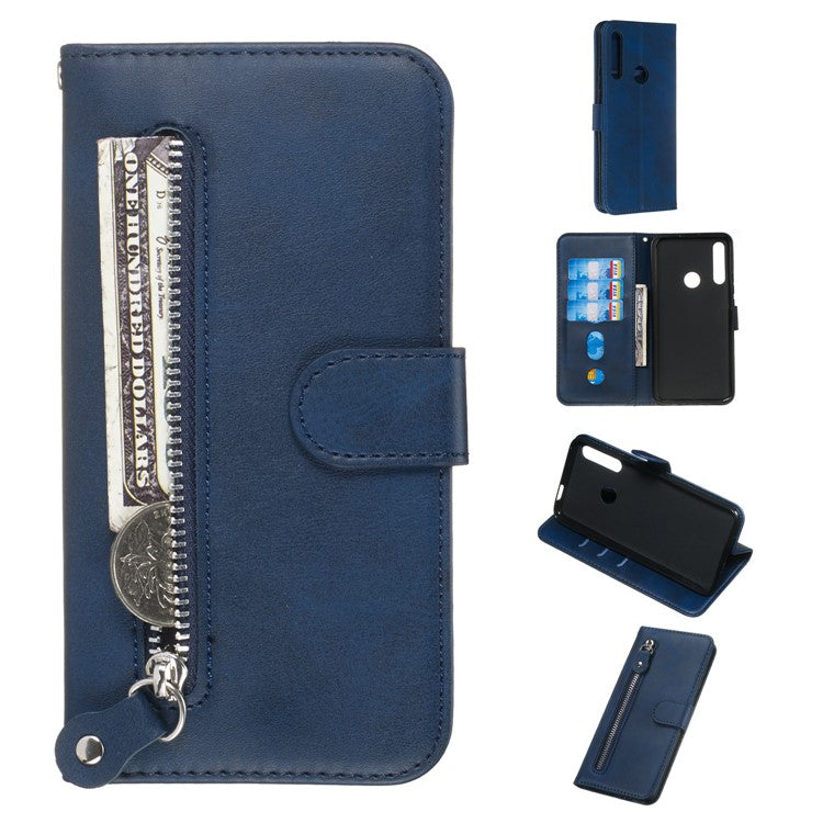 Zipper Pocket Flip Leather Wallet Case for Huawei Honor 9X (Global)/ P Smart Z/Y9 Prime/ Enjoy 10 Plus - Blue