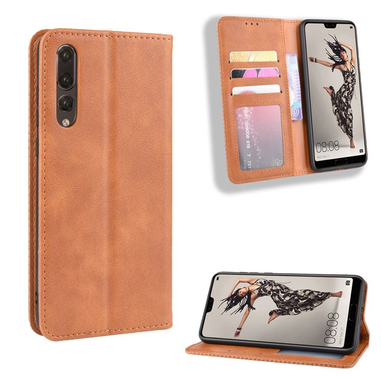 Retro Leather Wallet Phone Shell Casing for Huawei P20 Pro - Brown