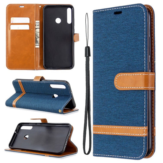 Assorted Color Jeans Cloth Leather Wallet Stand Case for Huawei P40 lite E / Y7p - Dark Blue