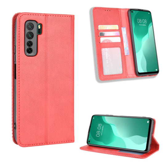 Auto-absorbed Retro Leather Flip Protective Cover for Huawei nova 7 SE/P40 lite 5G - Red
