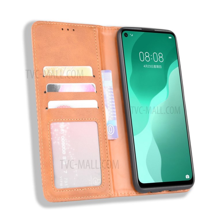 Auto-absorbed Retro Leather Flip Protective Cover for Huawei nova 7 SE/P40 lite 5G - Brown
