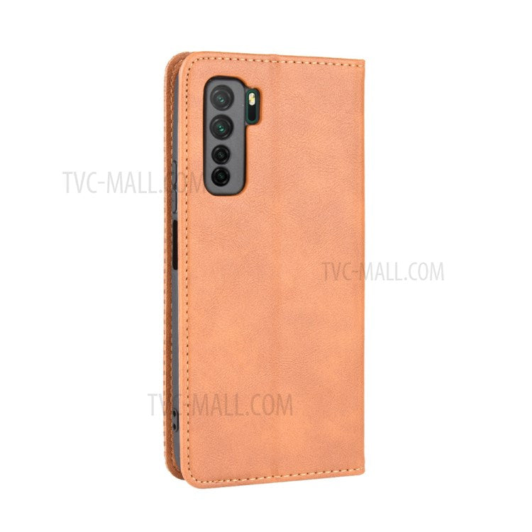 Auto-absorbed Retro Leather Flip Protective Cover for Huawei nova 7 SE/P40 lite 5G - Brown