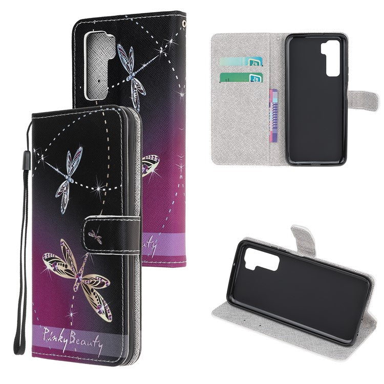 Pattern Printing Cross Texture Leather Wallet Phone Case with Strap for Huawei nova 7 SE / P40 Lite 5G - Dragonfly