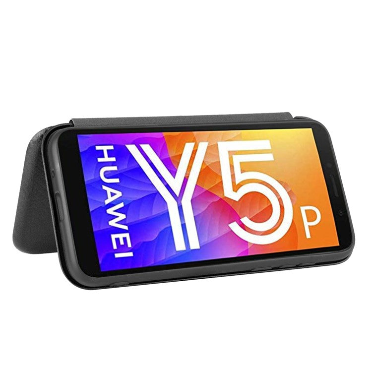 Auto-absorbed Carbon Fiber Leather Stand Mobile Phone Case for Huawei Y5p - Black