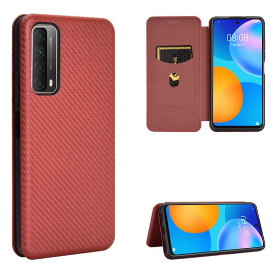 Auto-absorbed Carbon Fiber Texture Shell for Huawei P smart 2021/Y7a Stand Leather Case - Brown