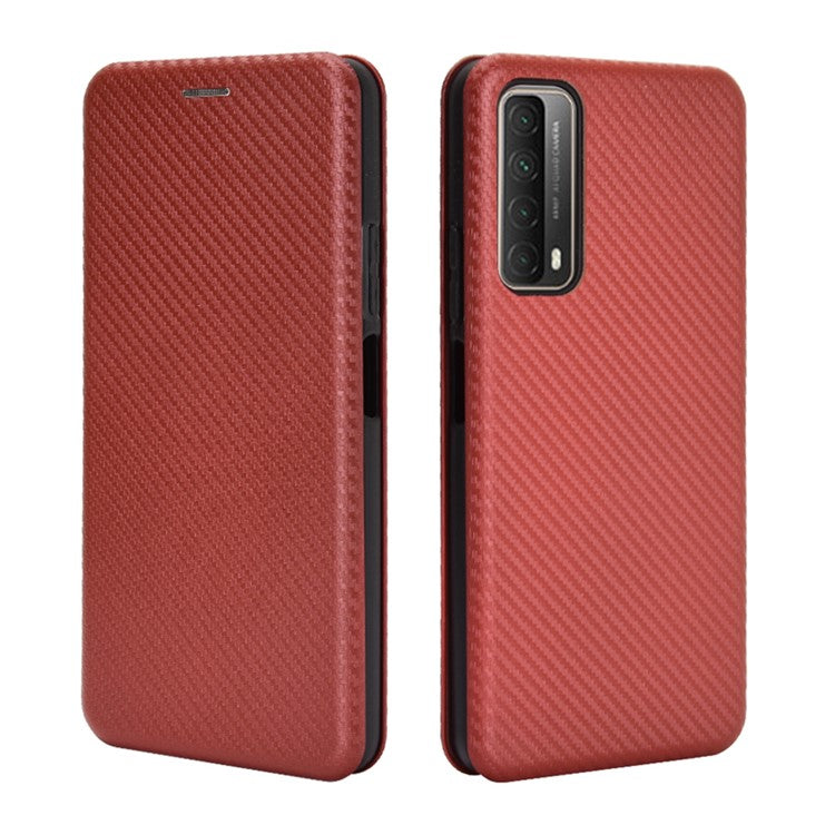 Auto-absorbed Carbon Fiber Texture Shell for Huawei P smart 2021/Y7a Stand Leather Case - Brown