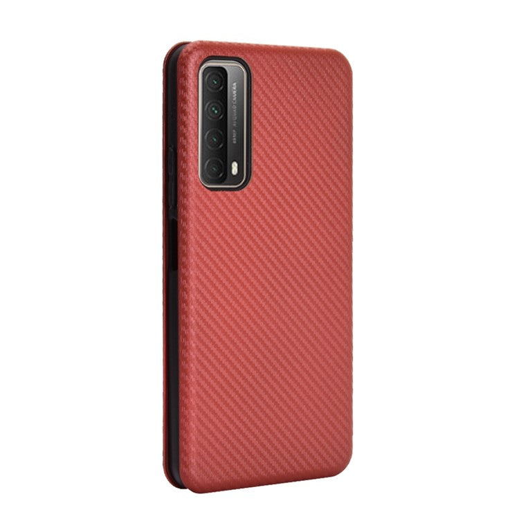 Auto-absorbed Carbon Fiber Texture Shell for Huawei P smart 2021/Y7a Stand Leather Case - Brown