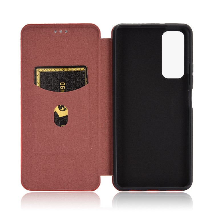 Auto-absorbed Carbon Fiber Texture Shell for Huawei P smart 2021/Y7a Stand Leather Case - Brown