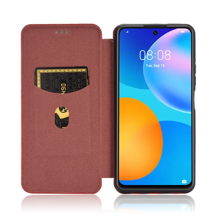 Auto-absorbed Carbon Fiber Texture Shell for Huawei P smart 2021/Y7a Stand Leather Case - Brown
