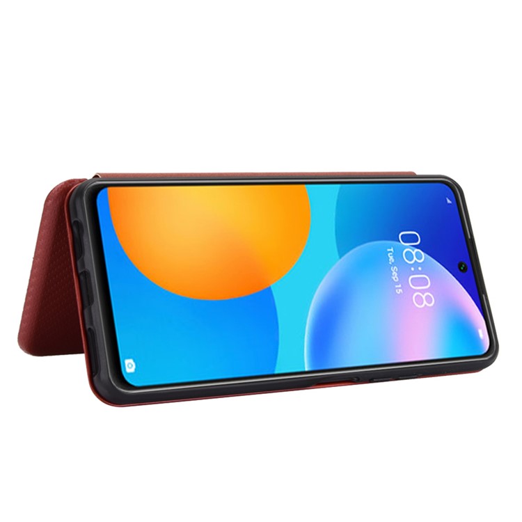 Auto-absorbed Carbon Fiber Texture Shell for Huawei P smart 2021/Y7a Stand Leather Case - Brown