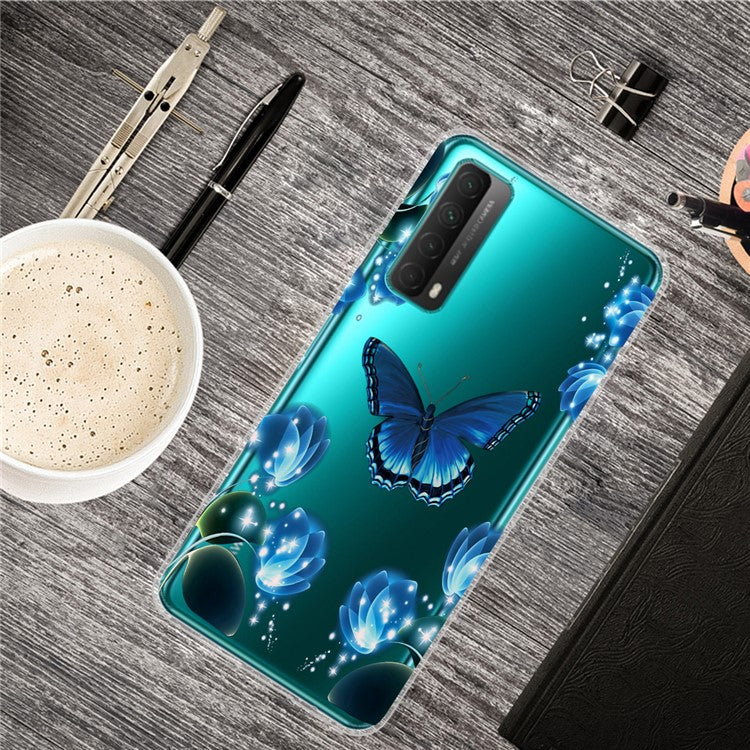 Pattern Printing Soft TPU Mobile Phone Casing for Huawei P smart 2021 / Huawei Y7a - Blue Butterfly and Flowers