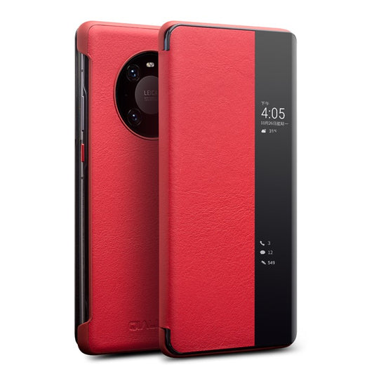 QIALINO For Huawei Mate 40 Pro Smart Visual Window Genuine Leather Phone Case with Auto Wake / Sleep - Red