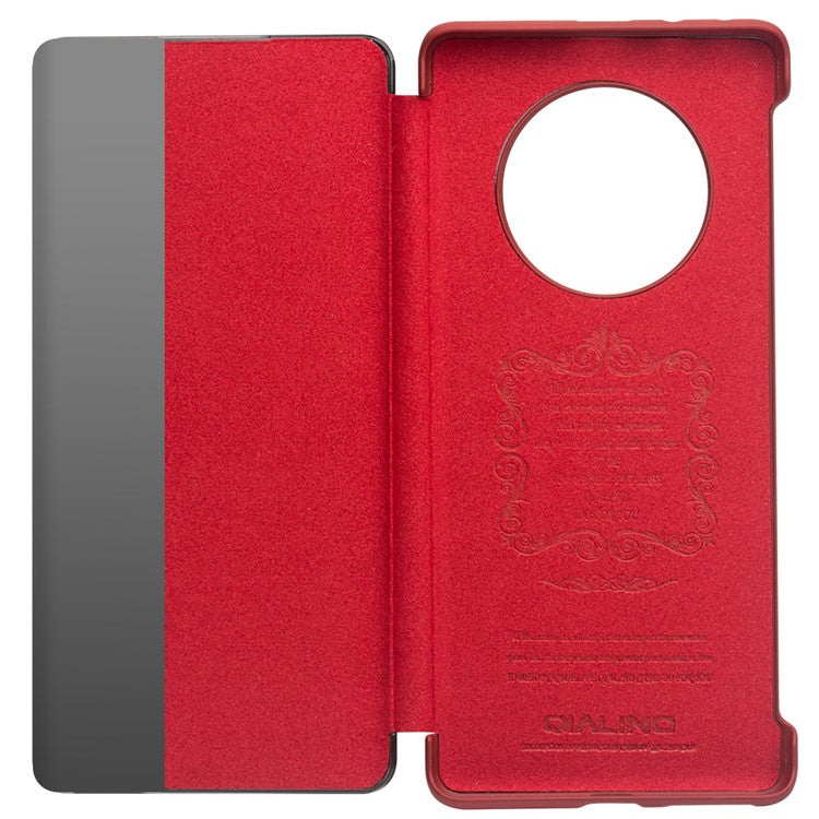 QIALINO For Huawei Mate 40 Pro Smart Visual Window Genuine Leather Phone Case with Auto Wake / Sleep - Red