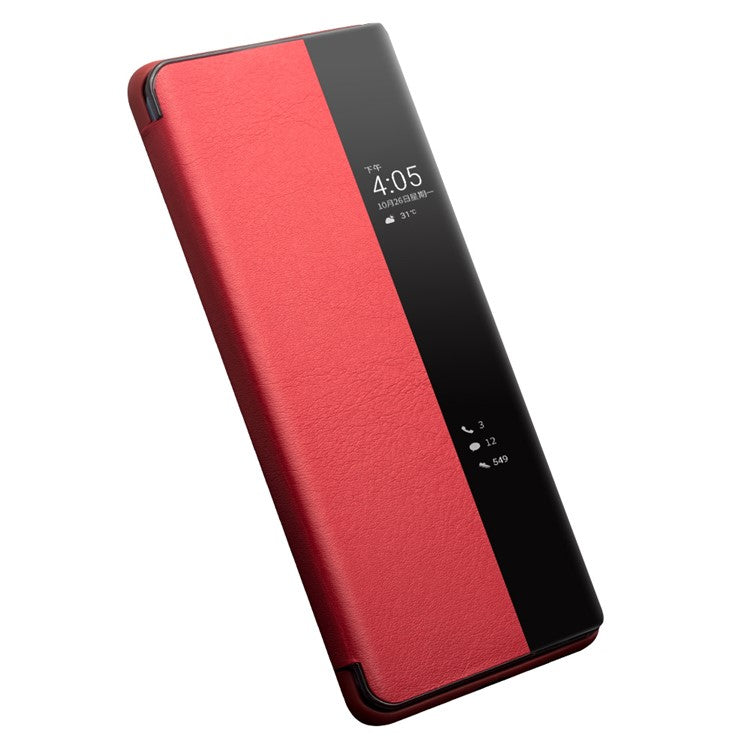 QIALINO For Huawei Mate 40 Pro Smart Visual Window Genuine Leather Phone Case with Auto Wake / Sleep - Red