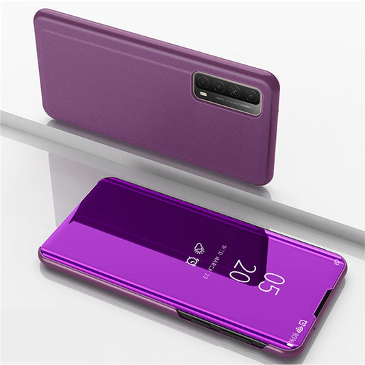 View Window Plated Mirror Surface Leather Case for Huawei P smart 2021/Y7a Stand Shell - Purple