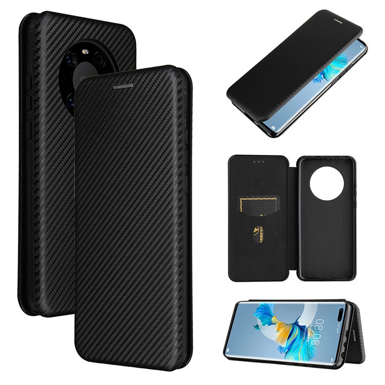 Carbon Fiber Leather Auto-absorbed Cover Case with Card Holder for Huawei Mate 40 Pro - Black