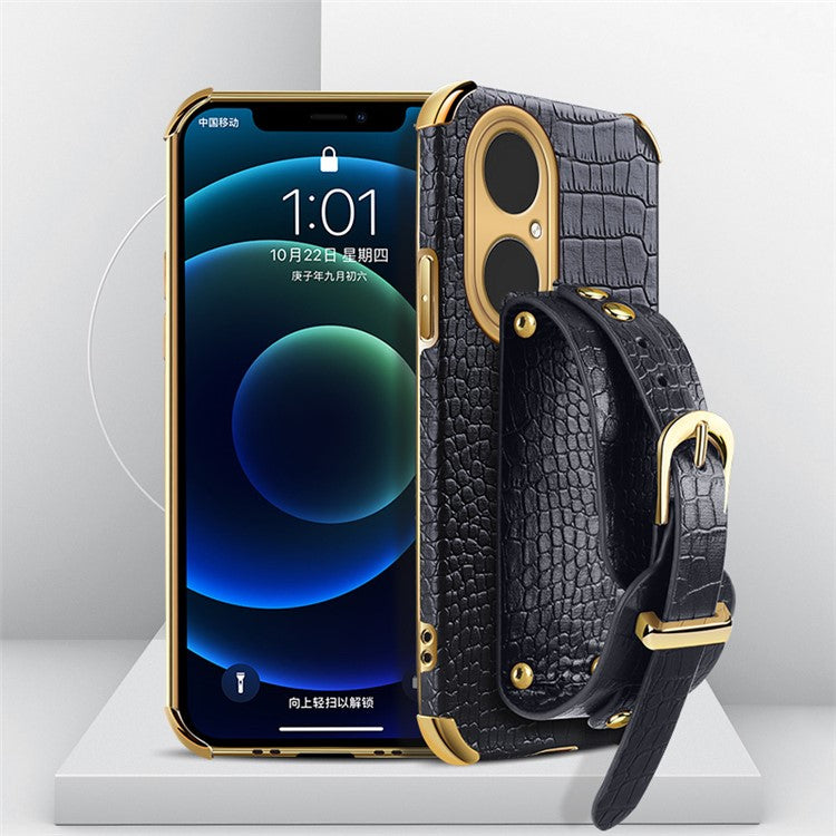 Crocodile Texture 6D Electroplated Wrist Strap PU Leather Coated TPU Phone Case Protector for Huawei P50 Pro - Black