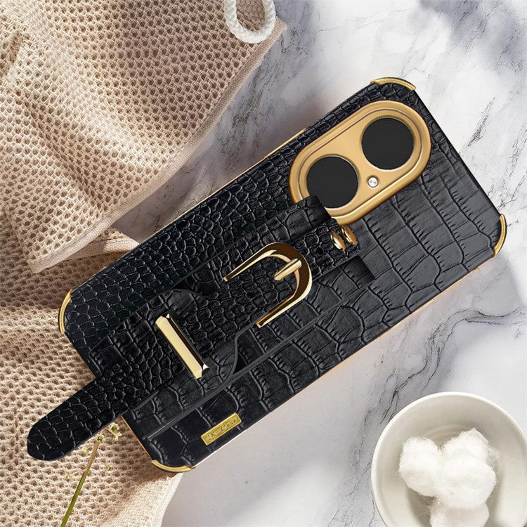 Crocodile Texture 6D Electroplated Wrist Strap PU Leather Coated TPU Phone Case Protector for Huawei P50 Pro - Black