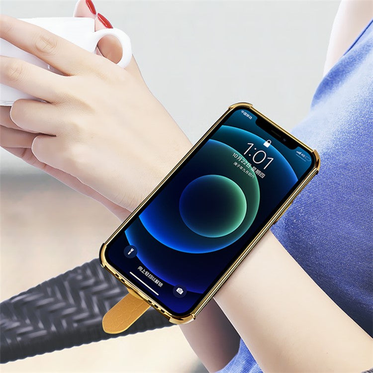 Crocodile Texture 6D Electroplated Wrist Strap PU Leather Coated TPU Phone Case Protector for Huawei P50 Pro - Black