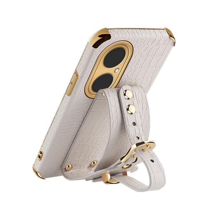 Crocodile Texture 6D Electroplated Wrist Strap PU Leather Coated TPU Phone Case Protector for Huawei P50 Pro - Black