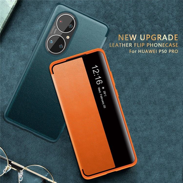 Auto Wake & Sleep Leather Case Drop-Resistant Flip Cover for Huawei P50 Pro - Black