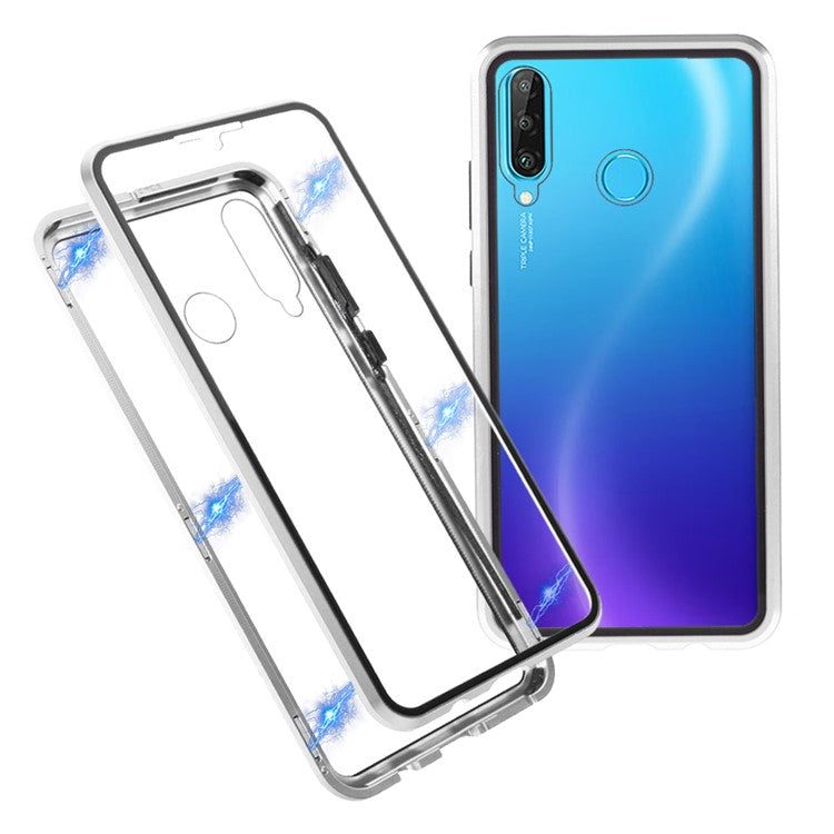 Full Coverage Magnetic Closed Design Metal Frame + Double-sided Ultra Clear Tempered Glass Phone Shell for Huawei P30 Lite - Silver