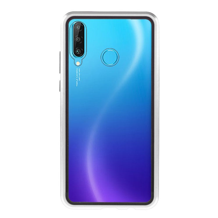 Full Coverage Magnetic Closed Design Metal Frame + Double-sided Ultra Clear Tempered Glass Phone Shell for Huawei P30 Lite - Silver