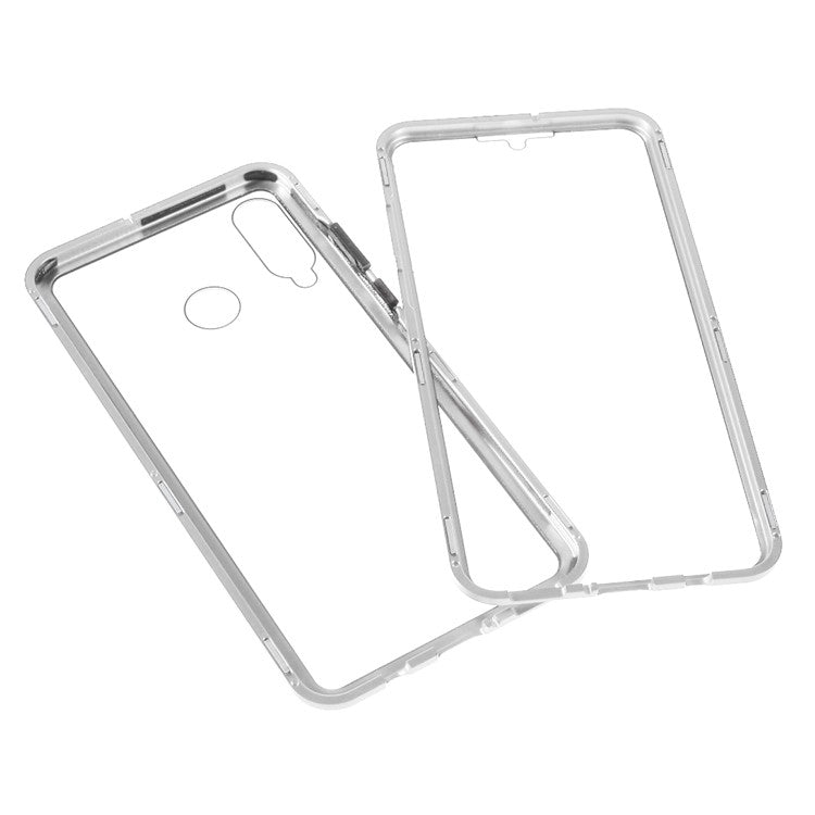 Full Coverage Magnetic Closed Design Metal Frame + Double-sided Ultra Clear Tempered Glass Phone Shell for Huawei P30 Lite - Silver