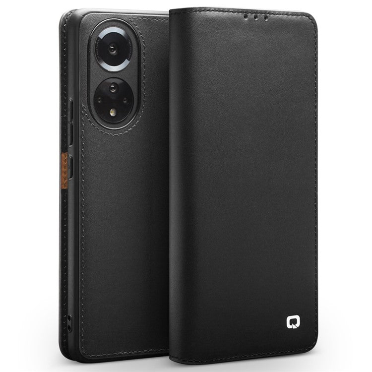 QIALINO Genuine Cowhide Leather Wallet Stand Phone Case Shell for Honor 50 / Huawei nova 9 - Black