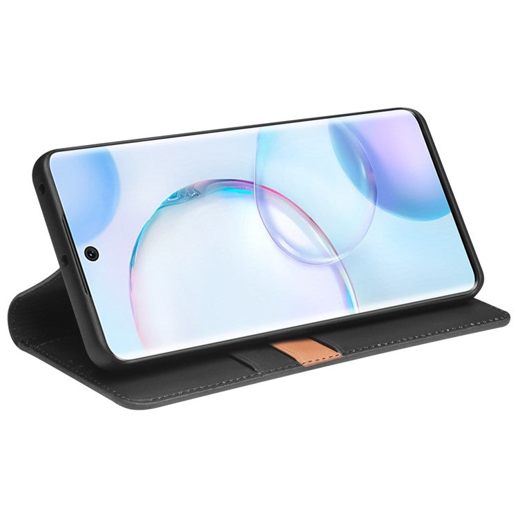 QIALINO Genuine Cowhide Leather Wallet Stand Phone Case Shell for Honor 50 / Huawei nova 9 - Black