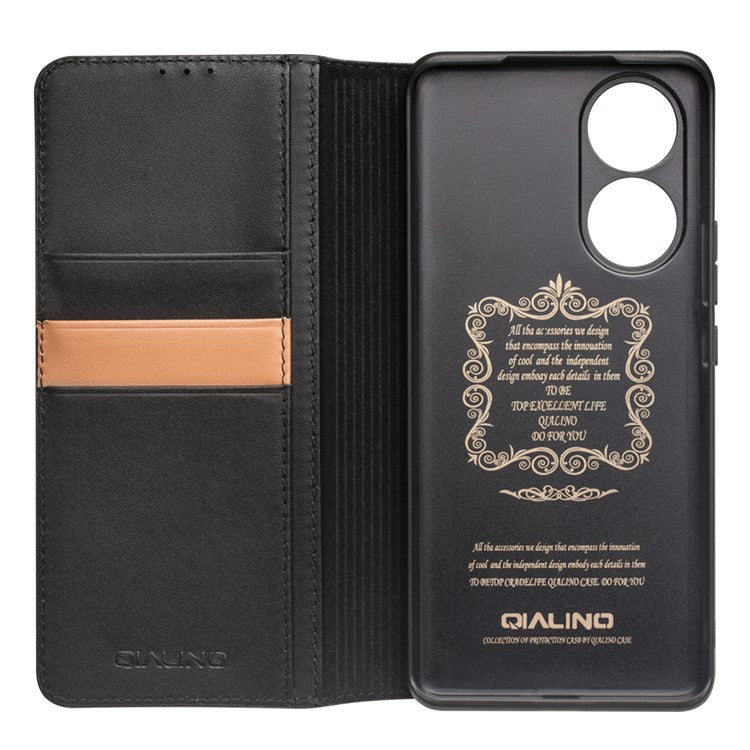 QIALINO Genuine Cowhide Leather Wallet Stand Phone Case Shell for Honor 50 / Huawei nova 9 - Black